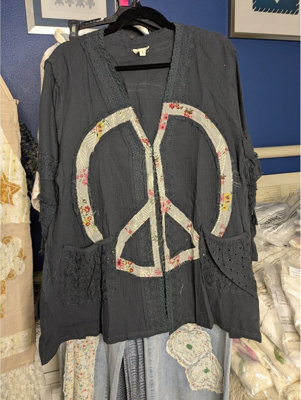 New Pol Oversized Navy Ruffle Sleeve Distressed Peace Sign Jacket Sz L